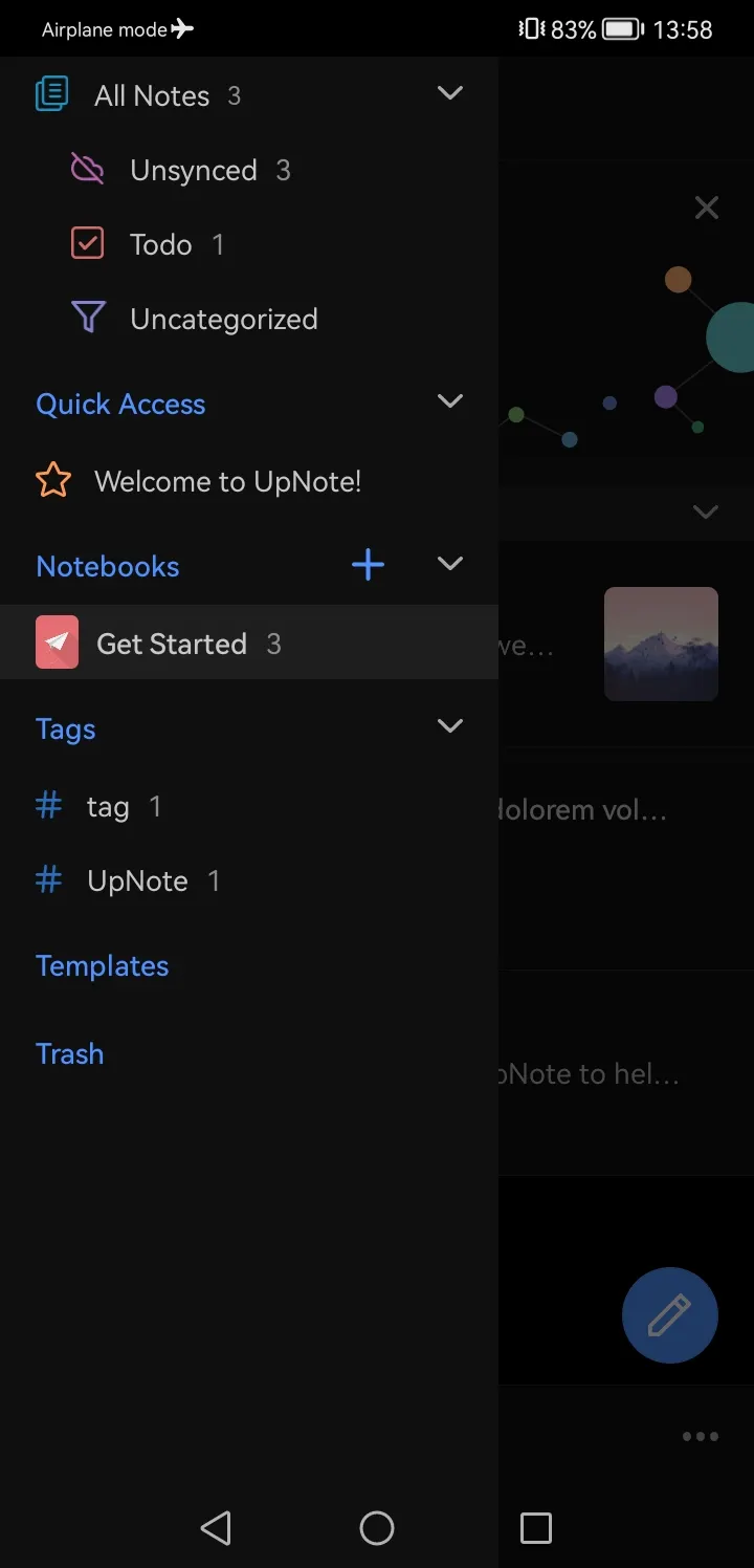 UpNote menu on mobile