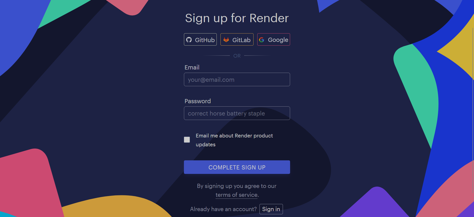 Render sign up