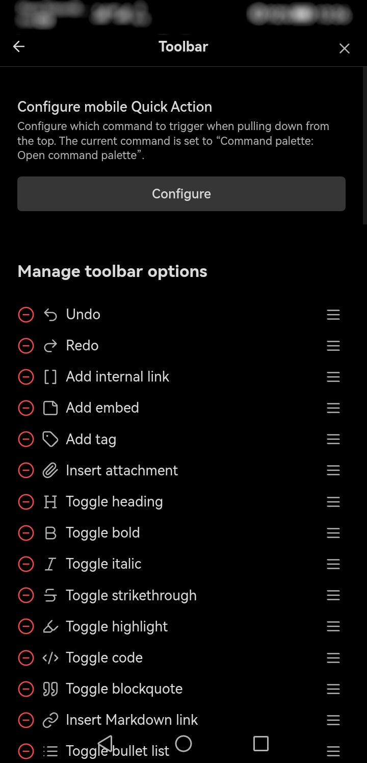 Obsidian - customize toolbar options and swipe action