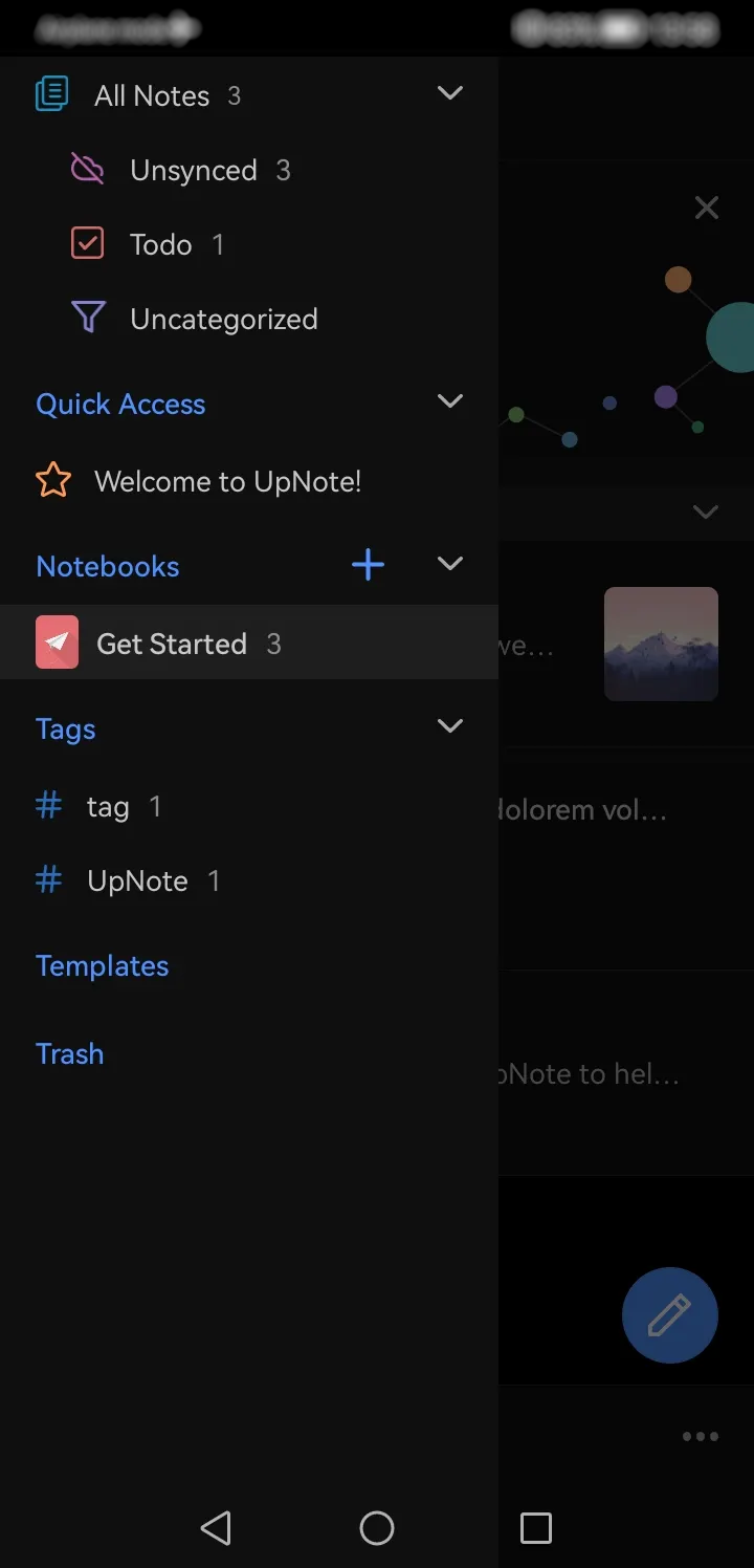 UpNote - sidebar menu