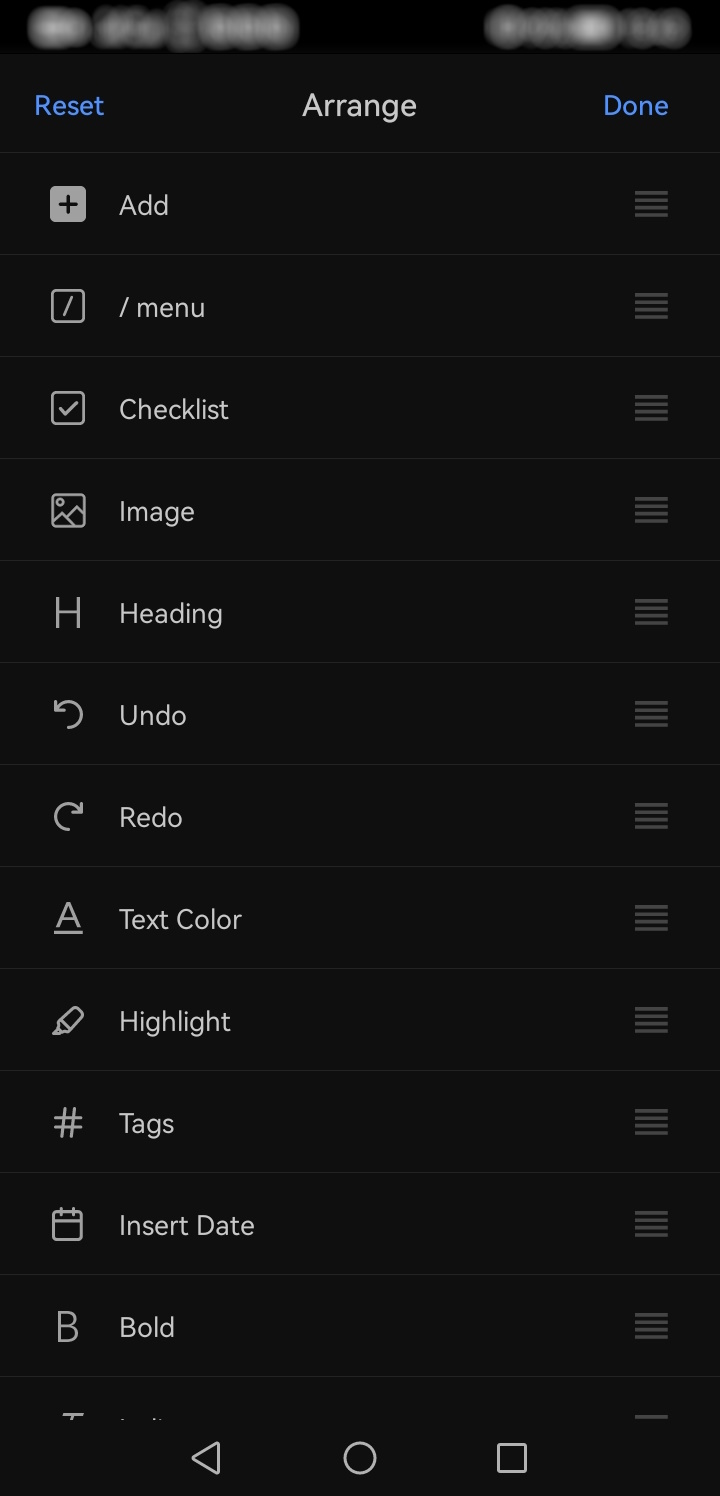 UpNote - rearrange toolbar options